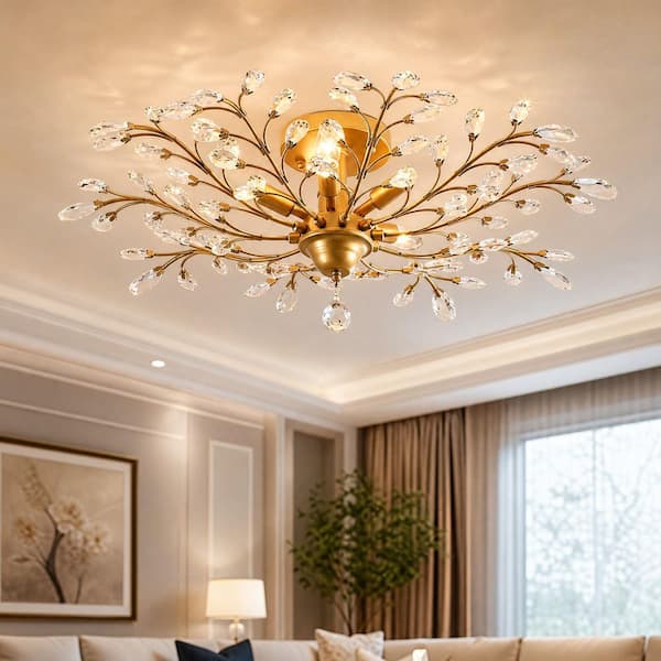31.5 in. 5-Light Gold Dimmable Crystal Classic Semi-Flush Mount with No Bulbs Included for Living Room Bedroom Foyer