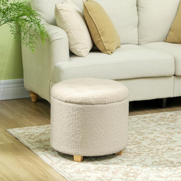 HOMCOM 16.1 in. Round Ottoman with Storage, Cashmere Button Tufted Bedroom Stool with Removable Lid and Wood Legs, White