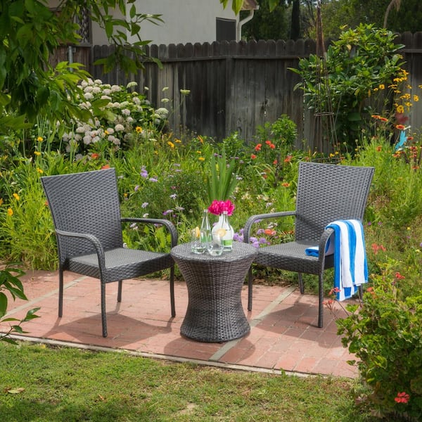 Noble House Laurel Grey 3-Piece Faux Rattan Outdoor Patio Conversation Set