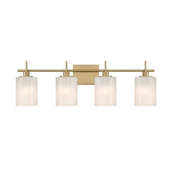 Meridian 30.75 in. W x 9.75 in. H 4-Light Natural Brass Modern Bathroom Vanity Light with White Stire Glass Shades