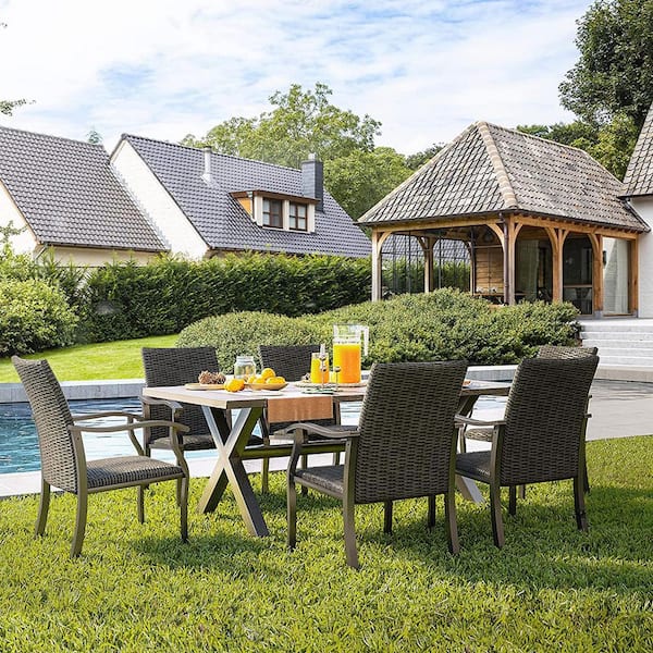 OUPES Black 7-Piece Wicker Rectangular table 37.2 in. Outdoor Dining Set