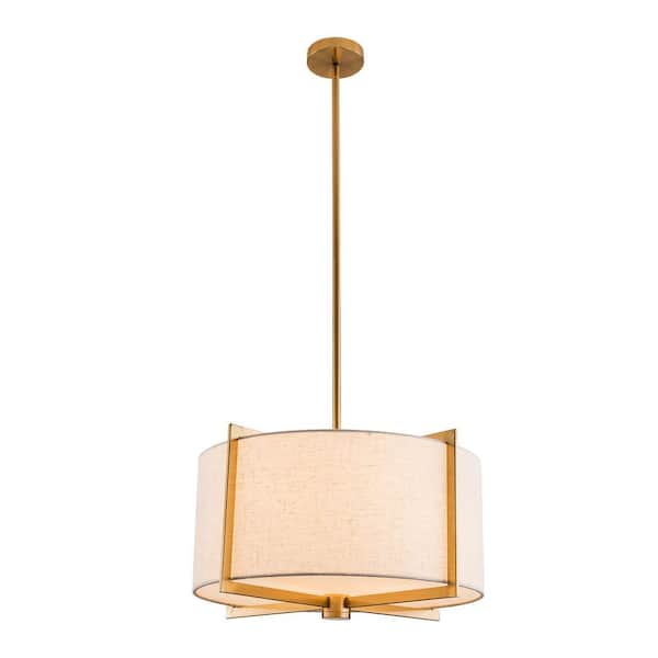 OUKANING 19.68 in. 3-Light Gold Retro Elegant Drum Island Pendant Light with Fabric Shade and Adjustable Rod