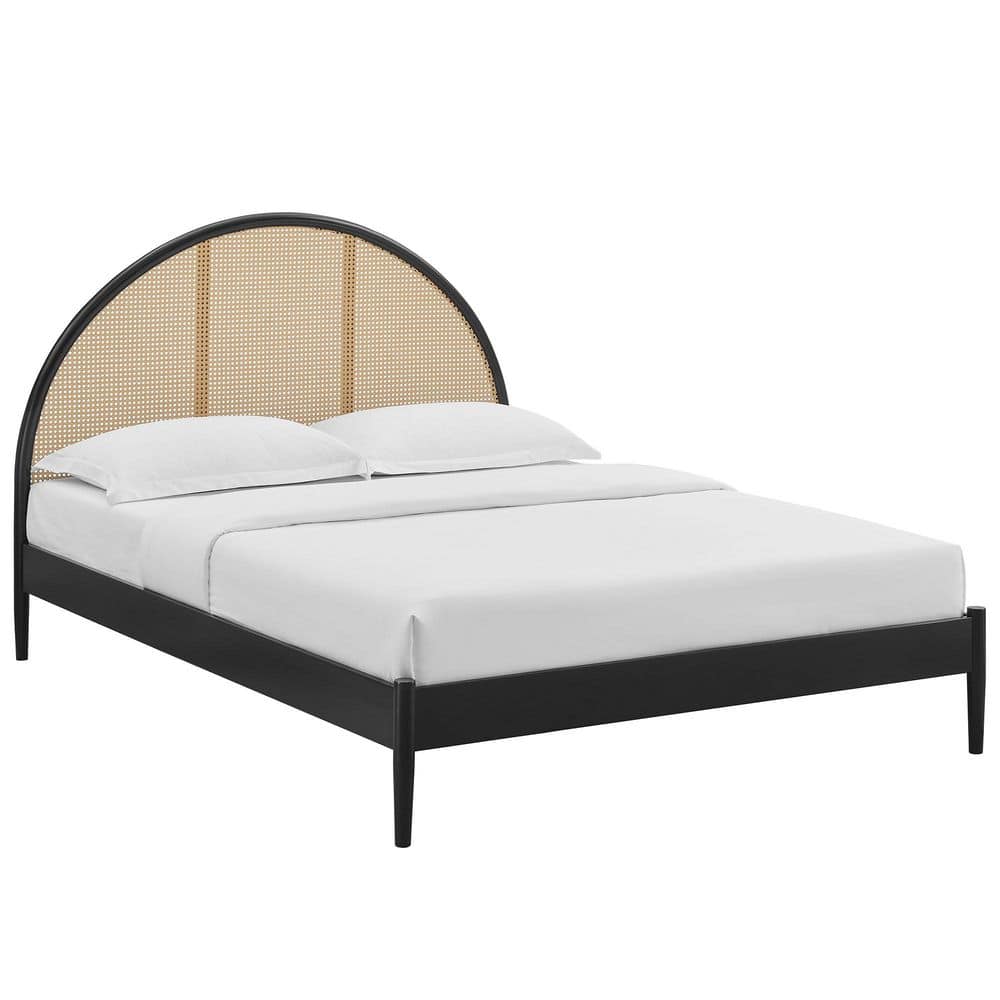 Black Queen Wood Frame Platform Bed with Arched Rattan Cane Headboard