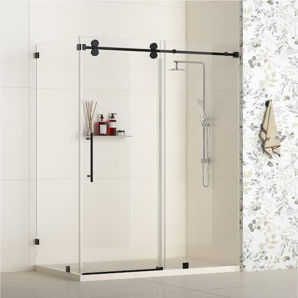 Vesta 51-54 in. W x 34 in. D x 76 in. H Frameless Corner Sliding Shower Enclosure in Matte Black with 3/8in. Clear Glass