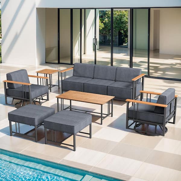 BINGDWEN 6-Piece Black Metal Patio Conversation Set, Outdoor Sofa Set with Swivel Chair, Ottoman and Gray Cushions