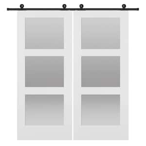 72 in. x 84 in. Shaker 3-Lite Frosted Glass Primed MDF Double Sliding Barn Door with Top Mount Hardware Kits