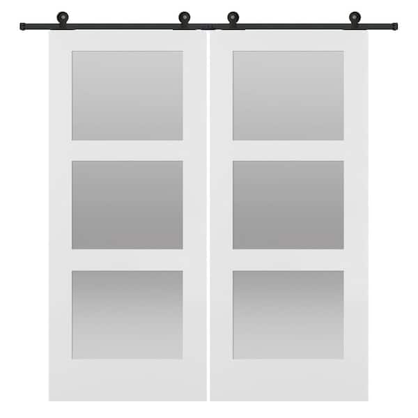 MMI DOOR 84 in. x 84 in. Shaker 3-Lite Frosted Glass Primed MDF Double Sliding Barn Door with Top Mount Hardware Kits