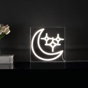 Starry Crescent 10 in. Square Contemporary Glam Acrylic Box USB Operated LED Neon Night Light, White
