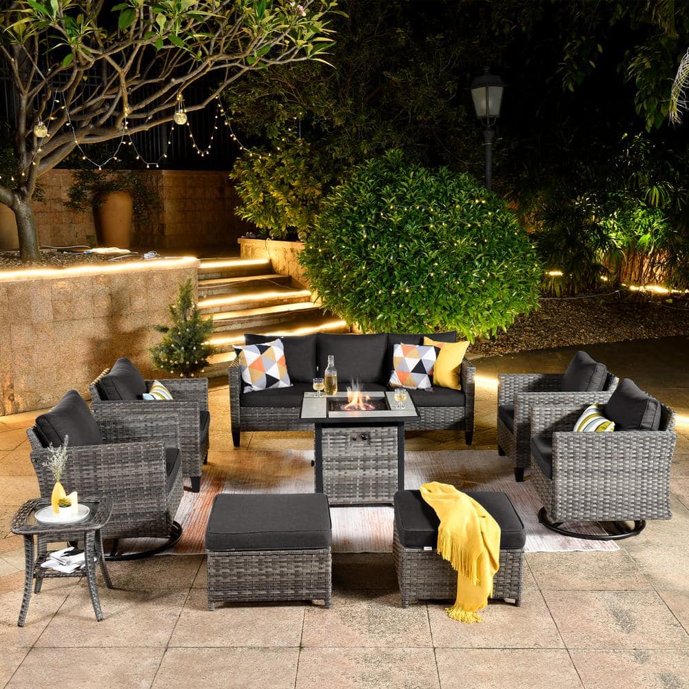 OVIOS New Vultures Gray 9-Piece Wicker Patio Fire Pit Conversation Seating Set with Black Cushions and Swivel Rocking Chairs