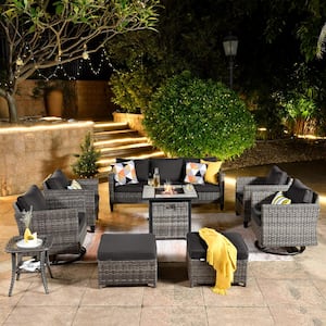 New Vultures Gray 9-Piece Wicker Patio Fire Pit Conversation Seating Set with Black Cushions and Swivel Rocking Chairs