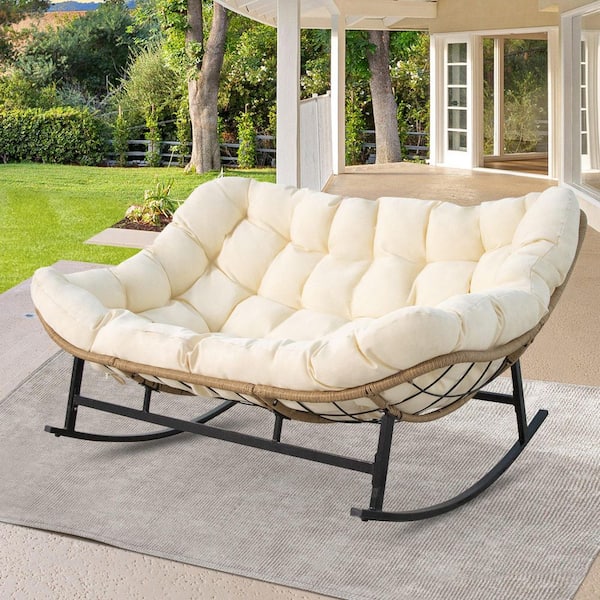 Unbranded Oversized PE Wicker Double Outdoor Rocking Chair 2-Person 700 lbs. Papasan Chair Loveseat with Beige Cushion