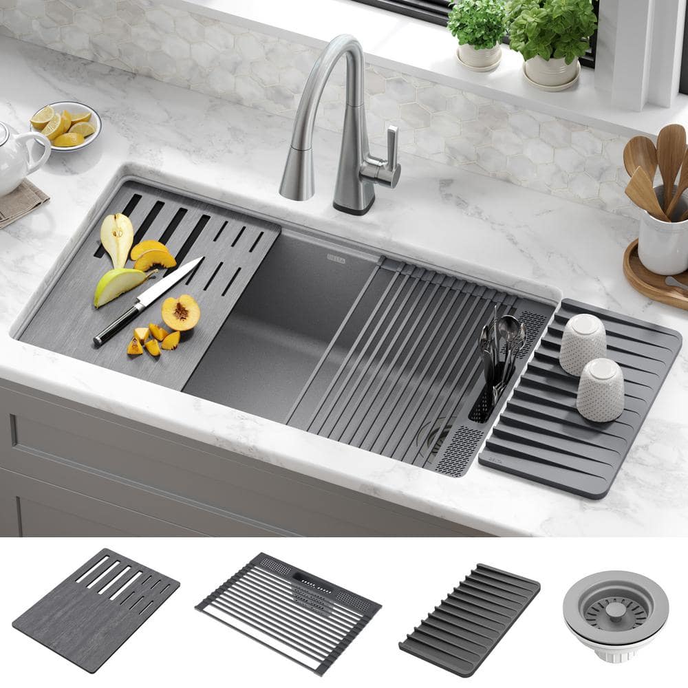 Dark Gray Granite Composite Workstation Kitchen Sink with Workflow Ledge