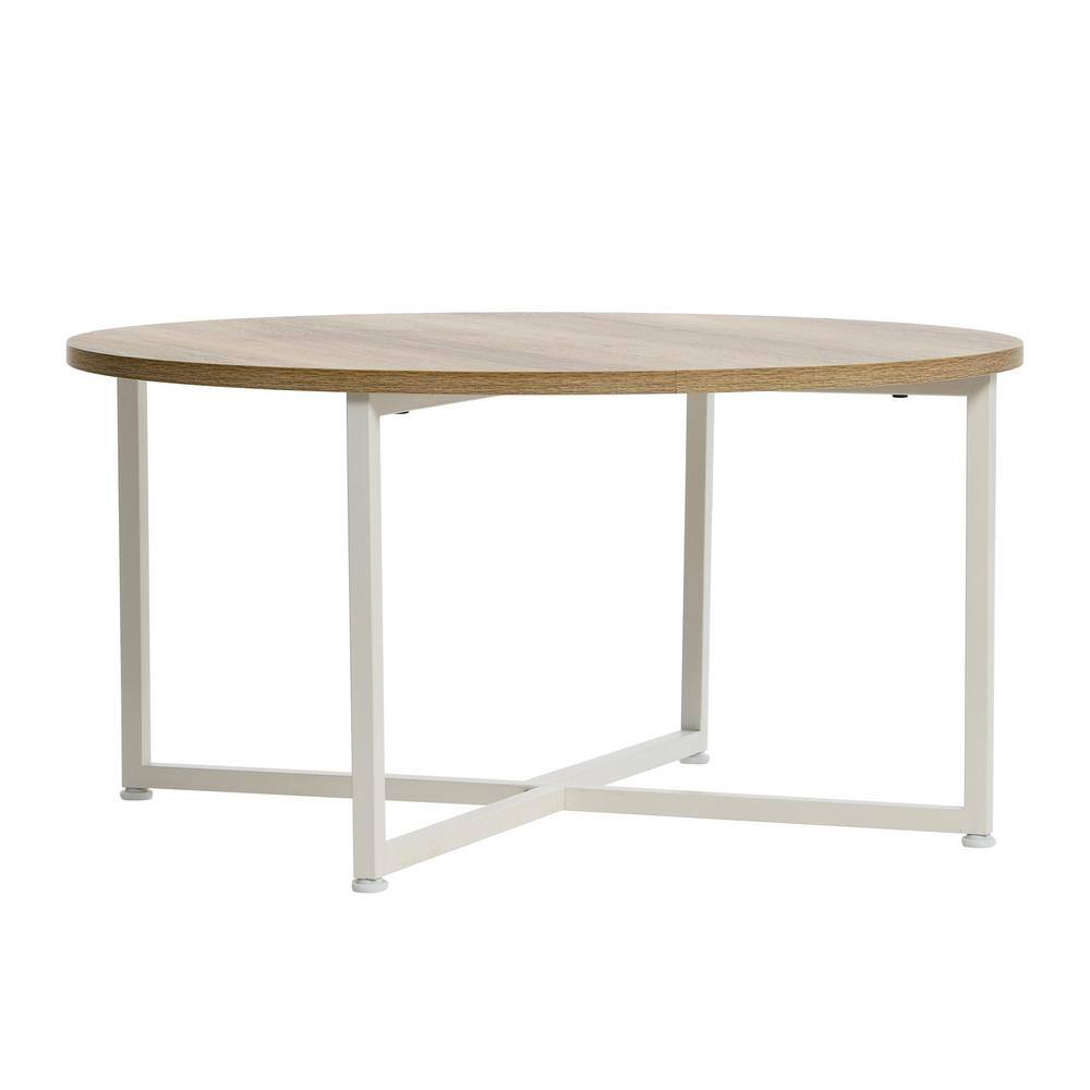 Round Coastal Oak and White Metal Coffee Table