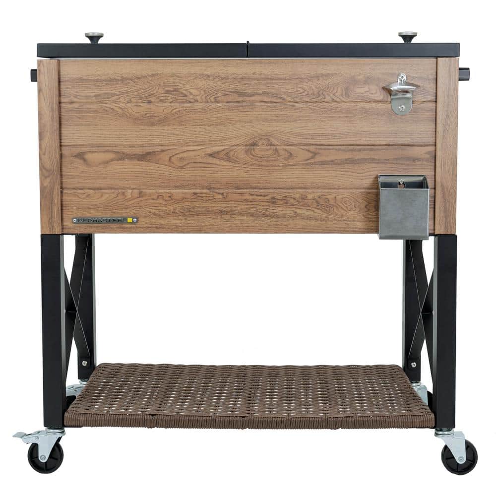 PERMASTEEL 80 qt. Oak Woodgrain Style Patio Cooler with Wicker Bottom