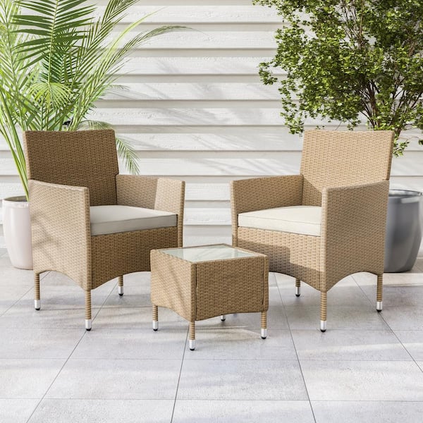 MUSE & LOUNGE Altair Natural 3-Piece Metal Patio Conversation Set with White/Tan Cushions