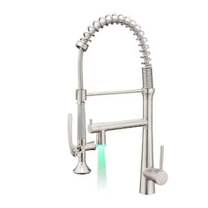 Single Handle Pull Down Sprayer Kitchen Faucet with 360° Rotation and LED Light in Brushed Nickel