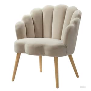 Flora Tan Mid-century Modern Scalloped Tufted Velvet Barrel Chair with Wood Legs