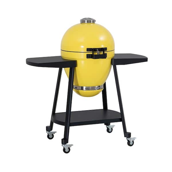Portable 20 in. Outdoor Charcoal Egg Grill in Yellow Kamado Grill with Pizza Plate BBQ Grill and Smoker with Wheels