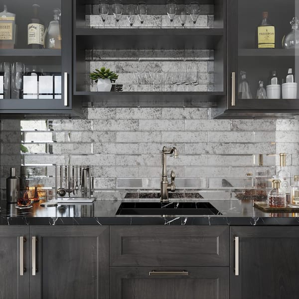 Silver 3 in. x 12 in. Beveled Polished Glass Subway Wall Tile Sample