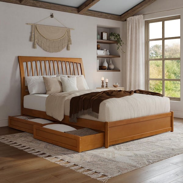 AFI Roslyn Light Toffee Natural Bronze Solid Wood Frame Queen Platform Bed with Panel Footboard Storage Drawers