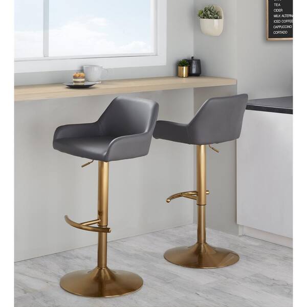 Daniella 32.25 in. Grey Faux Leather and Gold Metal Adjustable Barstool (Set of 2)