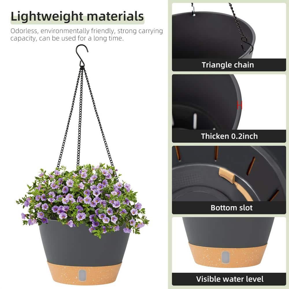 10" Dark Gray Plastic Hanging Planter with Self-Watering Tray
