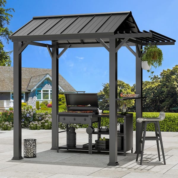 COVERED OUTDOOR OUTDOOR LIVING SPACES Ultra Series Grill Gazebo 6 ft. x 8 ft. with Galvanized Steel Roof and Extended Eave, Rust-Resistant, Black