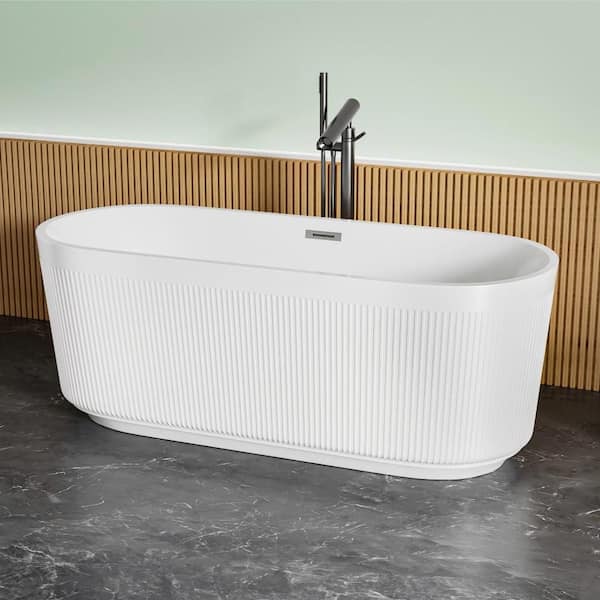 59 in. L x 30 in. W Acrylic Freestanding Soaking Bathtub in White with Chrome Overflow Center Drain Contemporary Bathtub