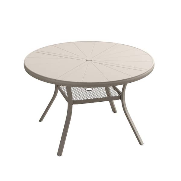 40.6 in. Sandshell Round Outdoor Patio Dining Table for 4 with Umbrella Hole, All-Weather Metal Table
