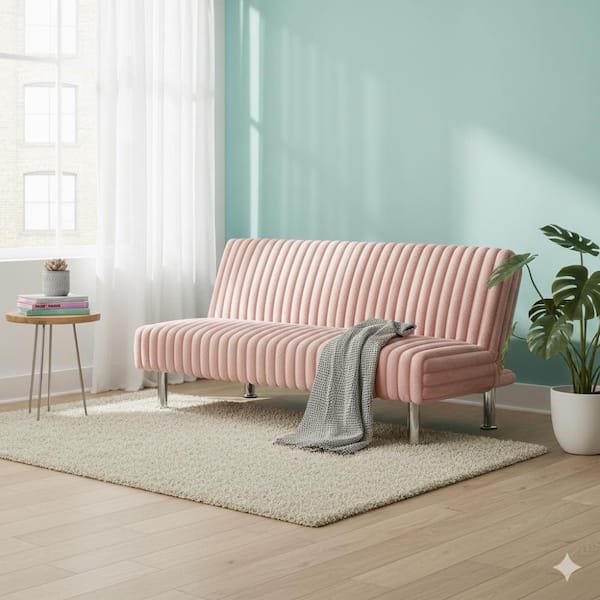 Hini 66 in. Light Pink Fabric Fold Out Futon Twin Size Sofa Bed with Modern Chrome Metal Legs