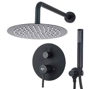 Round, wall-mounted adjustable rain shower faucet, handheld shower combo, in Matte Black.