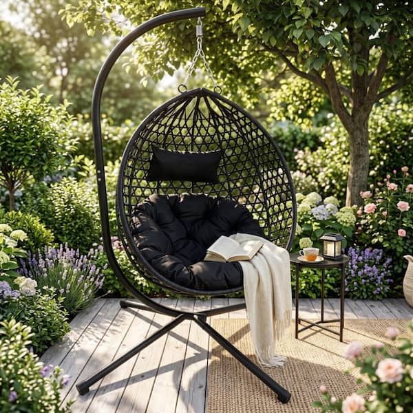 Foldable Wicker Hanging Egg Chair with Black Cushion, Stand & Heavy Duty Frame