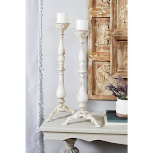 33 in. x 12 in. x 12 in. x 30 in. Vintage White Metal Candle Holders with Turned Columns and Tripod Bases (Set of 2)