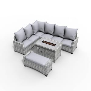 Maxwell 4-Piece Gray Wicker Patio Conversation Set Outdoor Firepit Table with Gray Cushions
