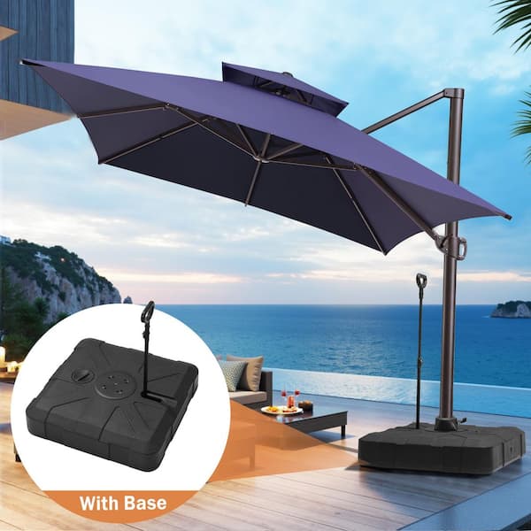 13 ft. x 10 ft. 2-Tier Aluminum Heavy-Duty 360° Cantilever Patio Umbrella in Navy with Wheeled & Pull Rod Base