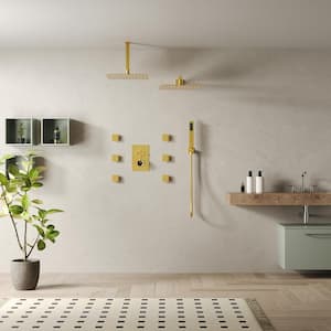 Luxury 15-Spray Wall and Ceiling Mount Triple Fixed and Handheld Dual Shower Head 2.5 GPM with 6-Jets in Brushed Gold