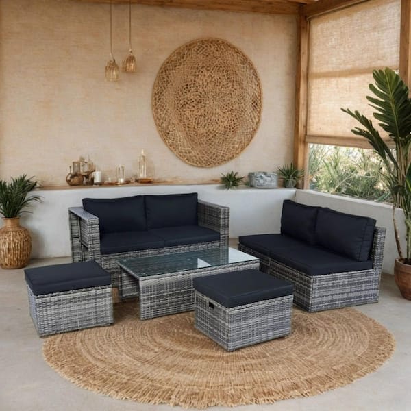 Cesicia Gray Wicker Outdoor Sectional Set with Black Cushions