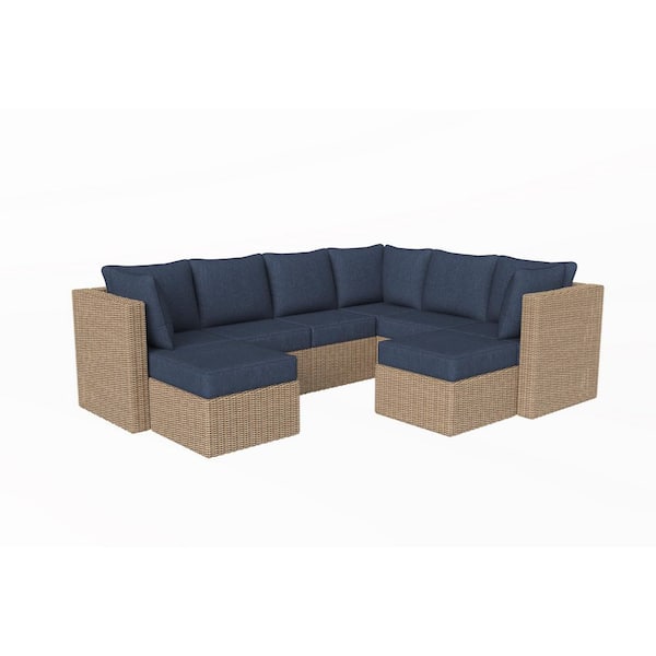 Crystal Ridge Wicker Outdoor 8-Piece Modular Sectional Sofa Set with Navy CushionGuard Cushions