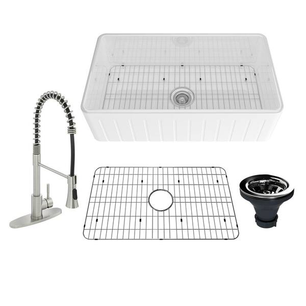 CASAINC Fireclay 33 in. Striped Design Reversible Installation Single Bowl Farmhouse Apron