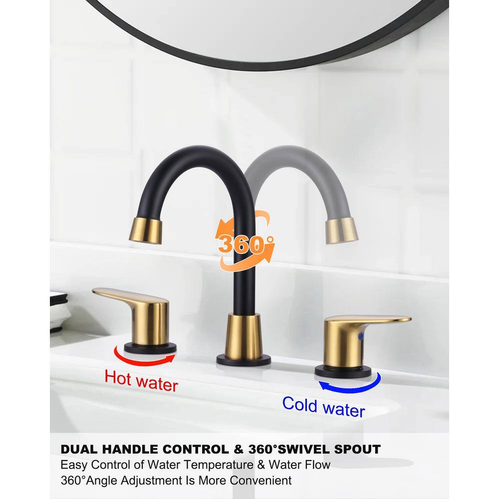 8-Inch Black and Gold Double Handle Widespread Bathroom Faucet