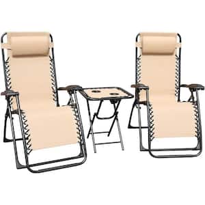 Beige Portable Steel Zero Gravity Outdoor Lounge Chair with Folding Table (2-Pack)
