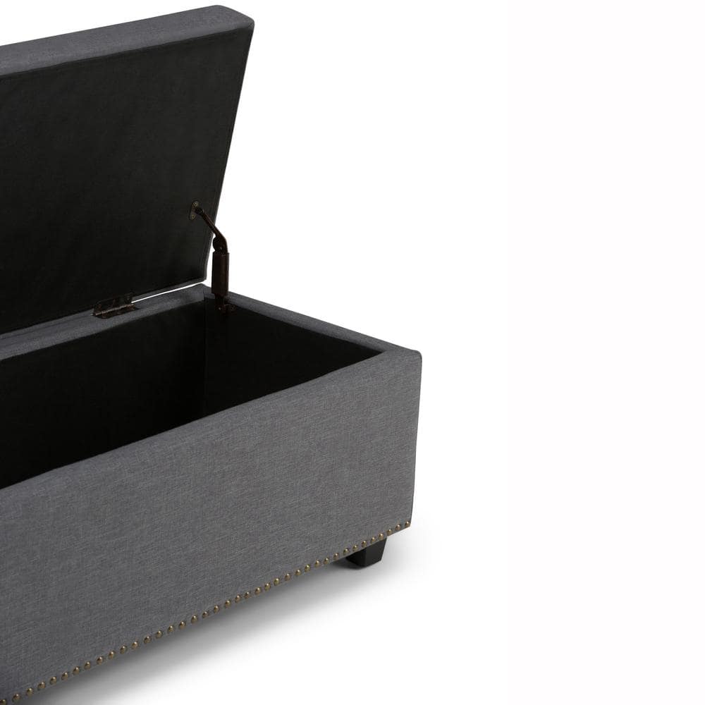 Slate Grey Tufted Linen Storage Ottoman Bench with Nailhead Trim