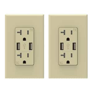 3.6 Amp USB Dual Type A In-Wall Charger with 20 Amp Duplex Tamper Resistant Outlet Wall Plate Included, Ivory (2-Pack)
