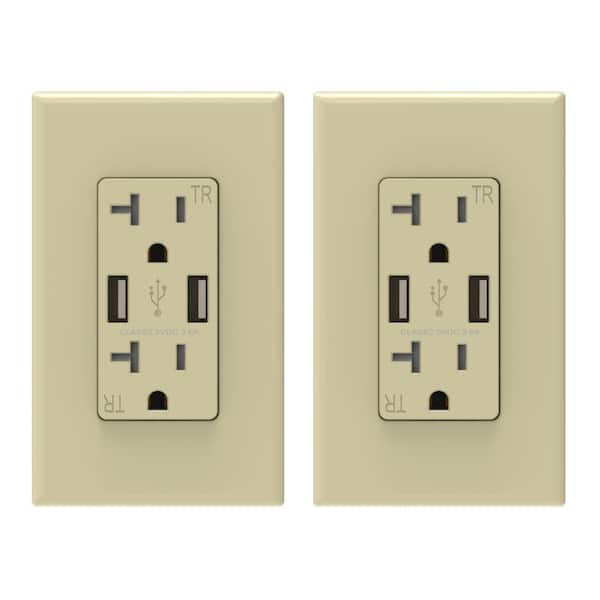 ELEGRP 3.6 Amp USB Dual Type A In-Wall Charger with 20 Amp Duplex Tamper Resistant Outlet Wall Plate Included, Ivory (2-Pack)