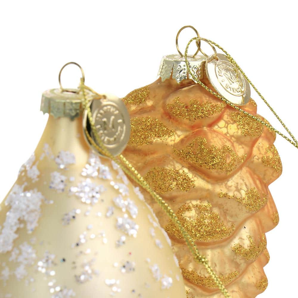 Gold Glass Pinecone and Pointy Ball Ornament Set
