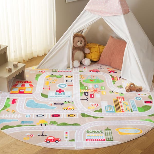 Santa Monica Kids 6 ft. x 6 ft. Round Beige/Ivory Town Roads Washable Area Rug