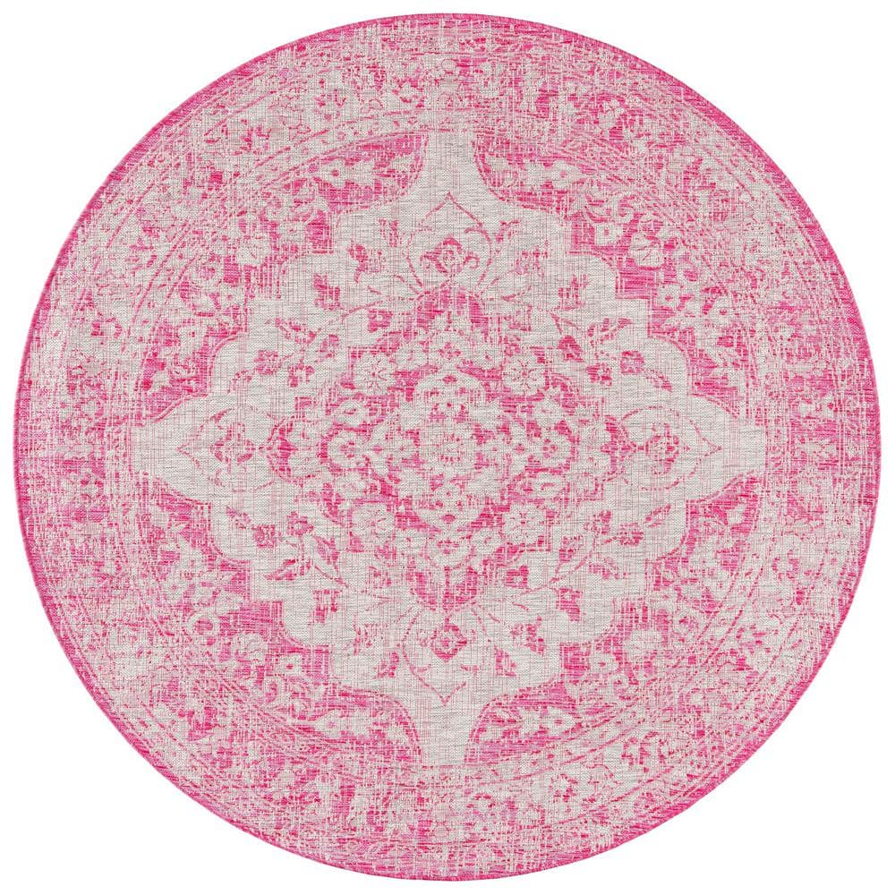 SAFAVIEH Courtyard Fuchsia/Gray 7 ft. x 7 ft. Floral Medallion Indoor/Outdoor Patio Round Area