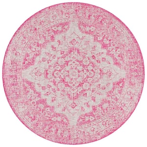 Courtyard Fuchsia/Gray 7 ft. x 7 ft. Floral Medallion Indoor/Outdoor Patio  Round Area Rug
