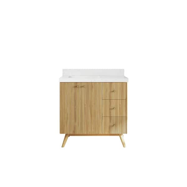 Willow Collections Pasadena Teak 36 in. W x 22 in. D x 36 in. H Left Offset Sink Bath Vanity in Light Teak with 2 in. Empira Quartz Top