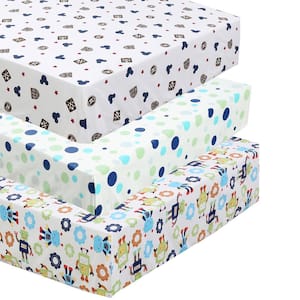 3-Piece Blue Green Cotton Mickey and Robot Baseball Sports Transportation Crib/Toddler Fitted Sheets